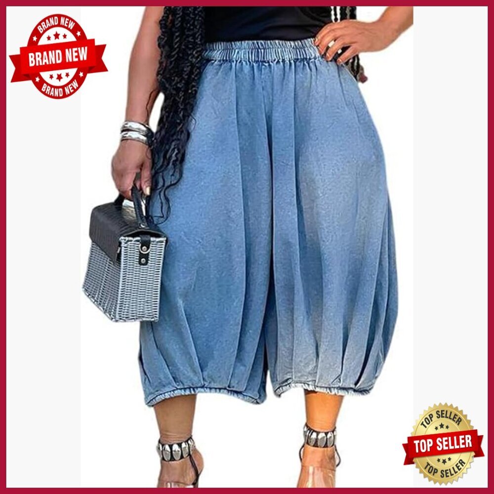High Waisted Denim Harem Pants Wide Leg Baggy Capri Jeans Casual Streetwear